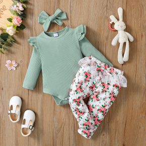 3pcs Baby Girl 95% Cotton Ribbed Ruffled Long-sleeve Romper and Floral Print Lace Pants with Headband Set