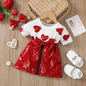 2pcs Baby Girl Red Love Heart Print Short-sleeve Splicing Faux Leather Bowknot Dress with Headband Set