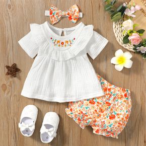 3pcs Baby Girl 100% Cotton Crepe Embroidered Ruffle Trim Short-sleeve Top and Floral Print Shorts with Headband Set