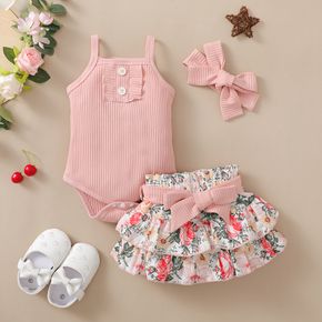 3pcs Baby Girl Pink Rib Knit Cami Romper and Floral Print Layered Skirt with Headband Set