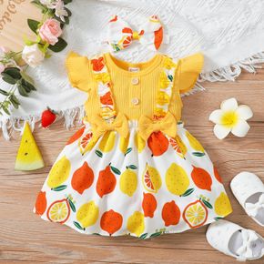 2pcs Baby Girl 95% Cotton Rib Knit Flutter-sleeve Spliced Lemon Print Ruffle Bowknot Dress with Headband Set