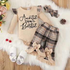 3pcs Baby Girl Letter Embroidered Long-sleeve Rib Knit Romper and Ruffle Trim Bow Front Plaid Flared Pants with Headband Set