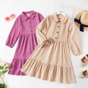 Kid Girl Lapel Collar Button Design Long-sleeve Solid Tiered Dress
