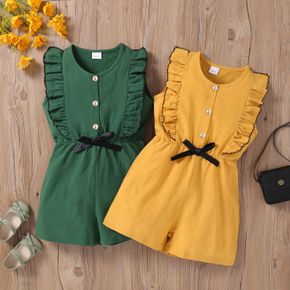 Kid Girl V Neck Bowknot Button Design Solid Color Ruffled Sleeveless Rompers