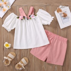 2pcs Kid Girl Floral Embroidered Off Shoulder Short Puff-sleeve Strap Blouse and Elasticized Shorts Set