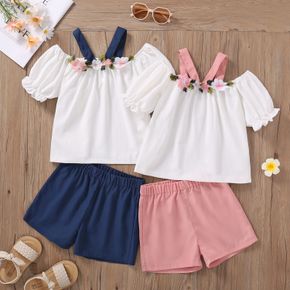 2pcs Kid Girl Floral Embroidered Off Shoulder Short Puff-sleeve Strap Blouse and Elasticized Shorts Set