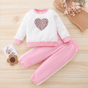 2-piece Toddler Girl Leopard Heart Print Textured Pullover Sweatshirt and Colorblock Pants Set
