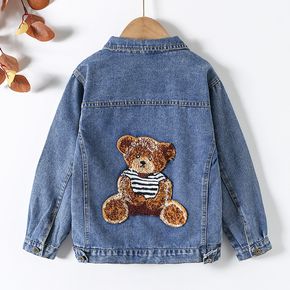 Kid Boy/Kid Girl Animal Bear Embroidered Lapel Collar Button Design Denim Jacket