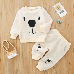 2 pezzi di pullover e pantaloni in pile a maniche lunghe bianco modello orso cartone animato bambino set