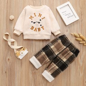 2pcs Baby Boy Letter Embroidered Thickened Fuzzy Fleece Long-sleeve Pullover and Plaid Trousers Set