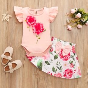 2pcs Baby Girl 3D Flowers Embroidered Pink Flutter-sleeve Romper and Floral Print Mini Skirt Set
