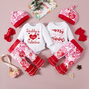 Valentine's Day 4pcs Baby Girl Red Love Heart and Letter Print Long-sleeve Set