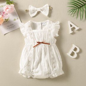 Touch The Clouds Baby Girl 100% Cotton 2pcs Jacquard Lace Splice Flutter-sleeve White Romper with Headband Set