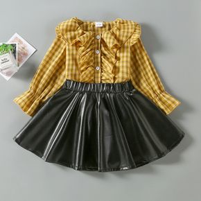 Toddler Girl 2pcs 100% Cotton Plaid Long-sleeve Yellow Shirt Top and Solid Black Leather Skirt Set