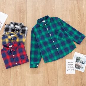 Kid Boy Button Down Classic Long-sleeve Plaid Shirt with Pocket (Multi Color Available)