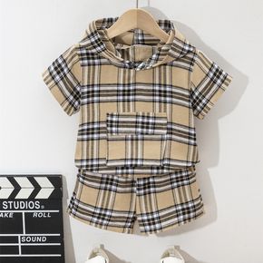 2pcs Toddler Boy Casual Plaid Pocket Design Hooded Tee & Shorts Set