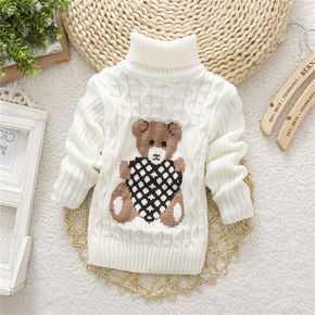 Kid Boy/Kid Girl Bear Pattern Turtleneck Cable Knit Sweater