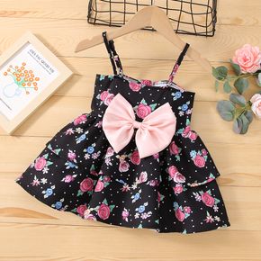 Baby Girl All Over Floral Print Black Sleeveless Spaghetti Strap Bowknot Party Dress