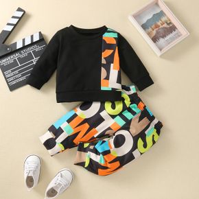 2pcs Baby Boy/Girl 95% Cotton Long-sleeve Letter Print Spliced Black Sweatshirt and Pants Set