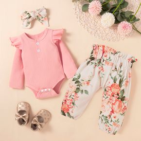 Baby Girl 3pcs Ribbed Long-sleeve Romper and Floral Print Paperbag Pants Set