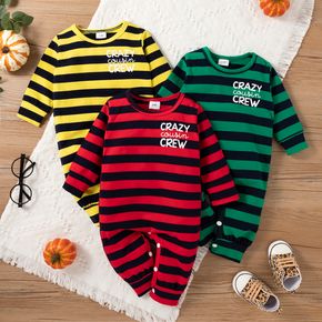 Baby Girl/Boy Stripe and Letter Print Long-sleeve Cotton Jumpsuit
