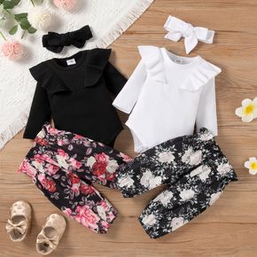 3pcs Baby Girl Ruffle Ribbed Long-sleeve Romper and Floral Print Trouser Set