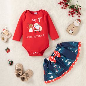 Christmas 2pcs Baby Girl Cartoon Letter Print Long-sleeve Romper and Mini Skirt Set