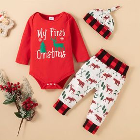 Christmas 3pcs Baby Boy Letter and Reindeer Print Long-sleeve Romper and Trousers Set