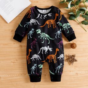 Baby Boy All Over Dinosaur Skeleton Print Black Long-sleeve Jumpsuit