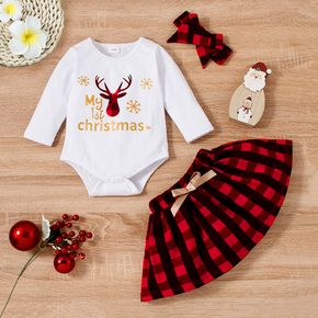 Christmas 3pcs Baby Girl Reindeer and Letter Print Long-sleeve Romper with Red Plaid Skirt Set