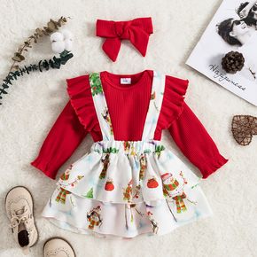 Christmas 3pcs Baby Red Long-sleeve Romper and All Over Snowman Print Ruffle Suspender Skirt Set