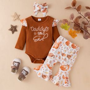 3pcs Baby Girl Letter Print Brown Ribbed Long-sleeve Romper and All Over Animal Print Bell Bottom Pants Set