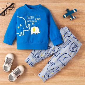 2pcs Baby Boy Cartoon Elephant and Letter Print Long-sleeve Sweatshirt with Trousers Set