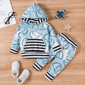 2pcs Baby Boy All Over Elephant Print Blue Splicing Striped Long-sleeve Hoodie and Trousers Set