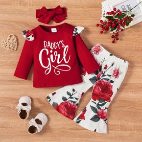 Conjunto de 3 peças de t-shirt de manga comprida com estampa de carta para menina e calça boca de sino com estampa floral
