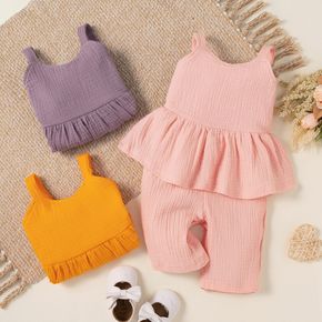 100% Cotton Crepe Baby Girl Solid Ruffle Faux-two Overalls