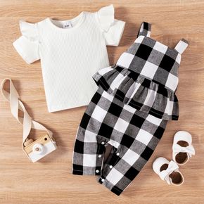 2pcs Baby Girl Solid Ribbed Ruffle Short-sleeve Top and Plaid Ruffle Overalls Set