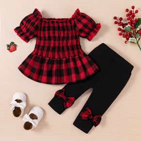 2pcs Baby Girl 100% Cotton Red Plaid Off Shoulder Puff-sleeve Shirred Top and Bowknot Pants Set