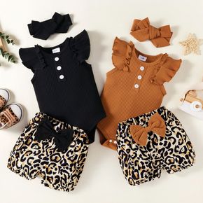 3-teiliges Baby-Mädchen-Set mit gerippten Flatterärmeln und Leoparden-Shorts aus 95 % Baumwolle