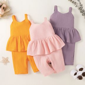 100% Cotton Crepe Baby Girl Solid Ruffle Faux-two Overalls