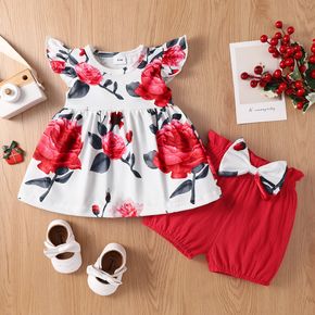 2pcs Baby Girl 100% Cotton Shorts and Red Floral Print Flutter-sleeve Top Set