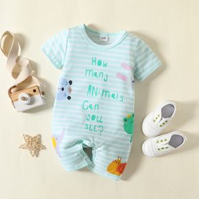 Summer Zoo Baby Striped Animal and Letter Print Short-sleeve Green Jumpsuit
