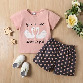 Sleepy Eyes Toddler Girl 2pcs Swan Print Short-sleeve Pink T-shirt Top and Polka Dots Grey Shorts Set