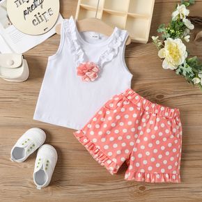 Mini Lady Toddler Girl 2pcs 100% Cotton 3D Floral and Ruffle Decor Sleeveless White Tank Top and Polka Dots Pink Shorts Set