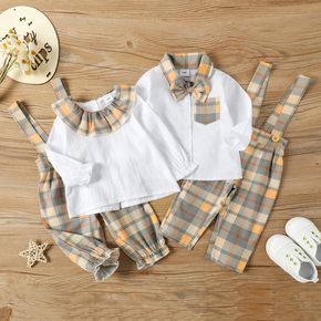 Equally Cute Baby Siblings 2pcs Plaid Bow Tie White Shirt and Khaki Overalls Pants Set