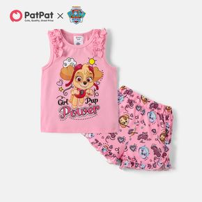 PAW Patrol 2pcs Toddler Girl Letter Print Ruffled Sleeveless Pink Tank Top and Allover Print Shorts Set