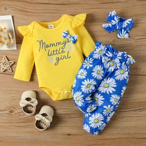 3pcs Baby Girl 95% Cotton Long-sleeve Letter Embroidered Romper and Allover Daisy Floral Print Pants with Headband Set