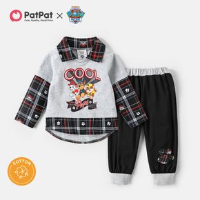 PAW Patrol 2pcs Toddler Boy 2 in 1 Lapel Collar Plaid Cotton Sweatshirt and Pants Set