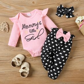3pcs Baby Girl 95% Cotton Long-sleeve Rib Knit Letter Embroidered Romper and Allover Love Heart Print Pants with Headband Set