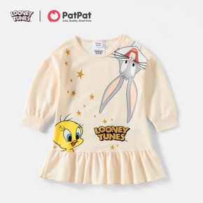 Looney Tunes Toddler Girl Letter Stars Print Ruffle Hem Long-sleeve Dress